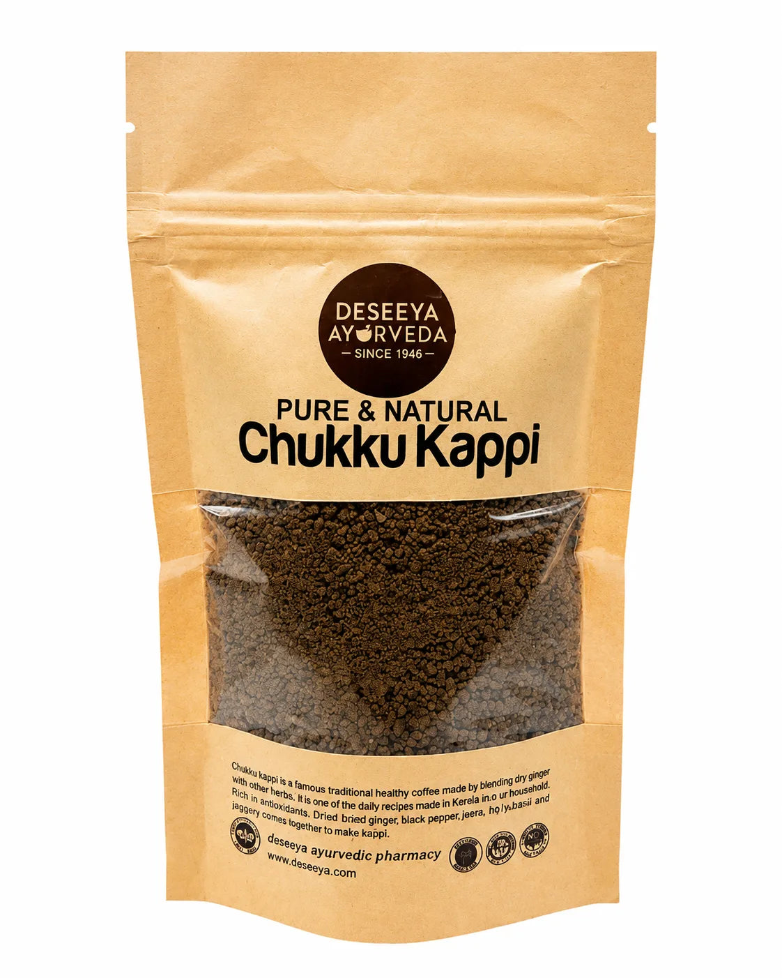 Deseeya Ayurveda Chukku Kappi, a traditional Kerala herbal coffee made with dry ginger and Ayurvedic spices in a resealable kraft pouch.