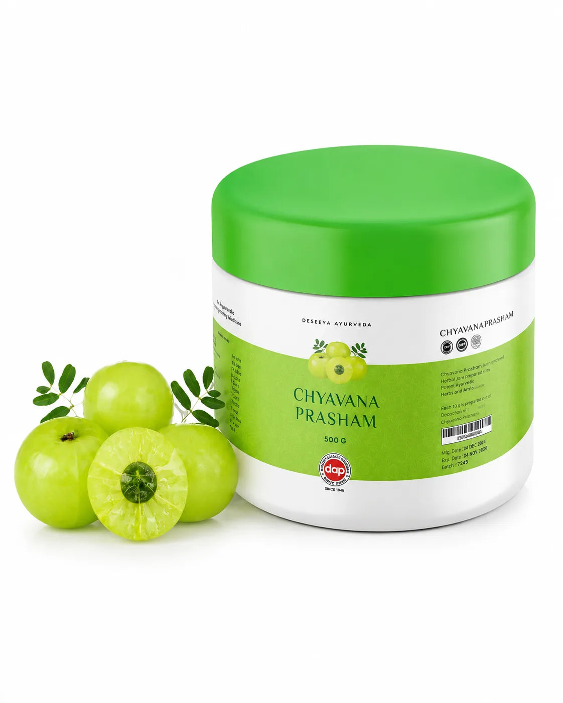 Deseeya Ayurveda Chyavana Prasham 500g in a white jar with fresh amla fruits, a traditional Ayurvedic herbal supplement for immunity and wellness.