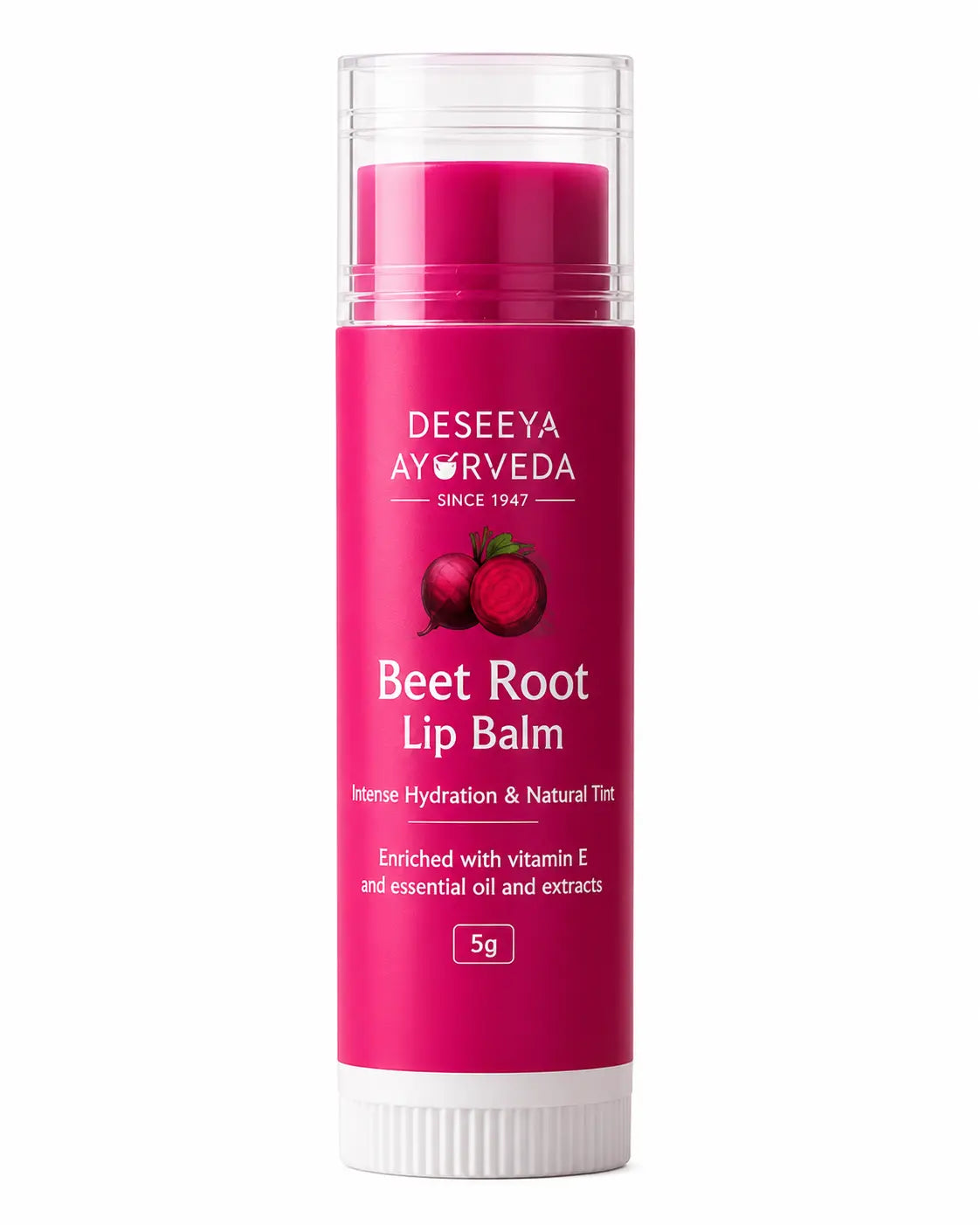Get natural hydration and a soft pink tint on the go with the Deseeya Ayurveda Beetroot Lip Balm Stick. Packed in a convenient 5g twist-up stick, it's mess-free and easy to apply anywhere — no fingers, no jar. Formulated with sheabutter, beetroot pulp, carrot seed oil, and Vitamin E, it deeply moisturizes dry, chapped lips while locking in long-lasting hydration. Lightweight, non-sticky, and travel-friendly, it's your everyday natural lip care essential — Ayurvedic, FSSAI-approved, and made for daily use.