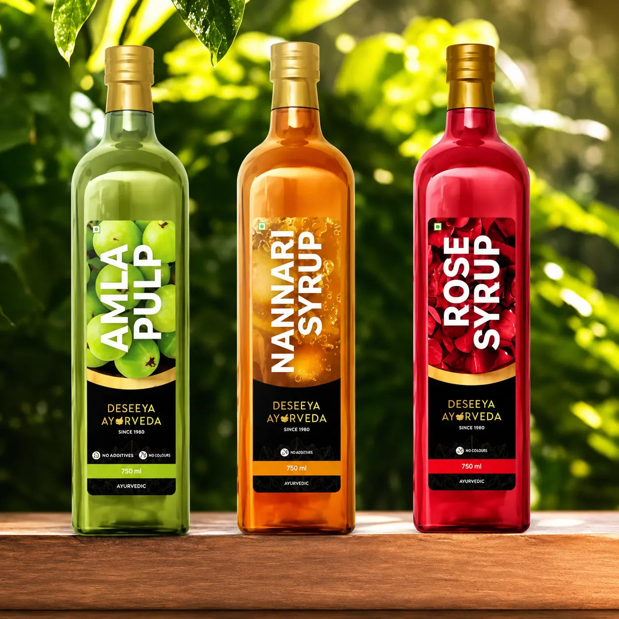 Deseeya Ayurveda Amla, Nannari, and Rose syrup bottles made with natural Ayurvedic ingredients for refreshing health and wellness.