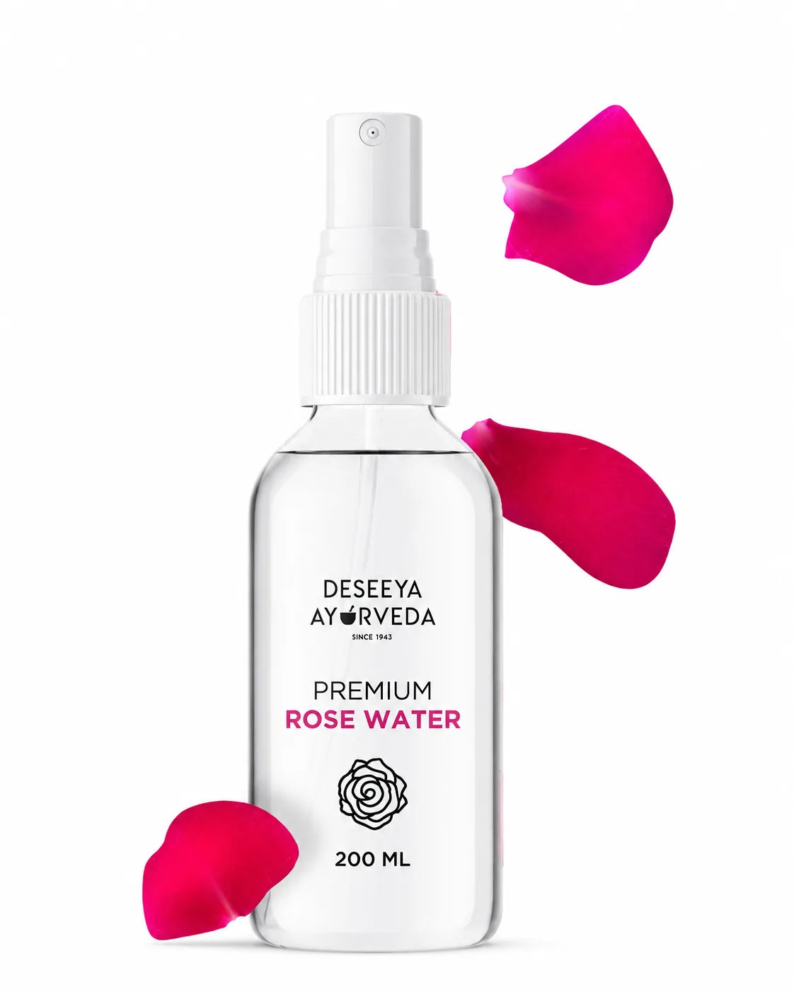 Deseeya Ayurveda Premium Rose Water 200ml facial mist spray bottle with rose petals on a white background for natural skin hydration and refreshment