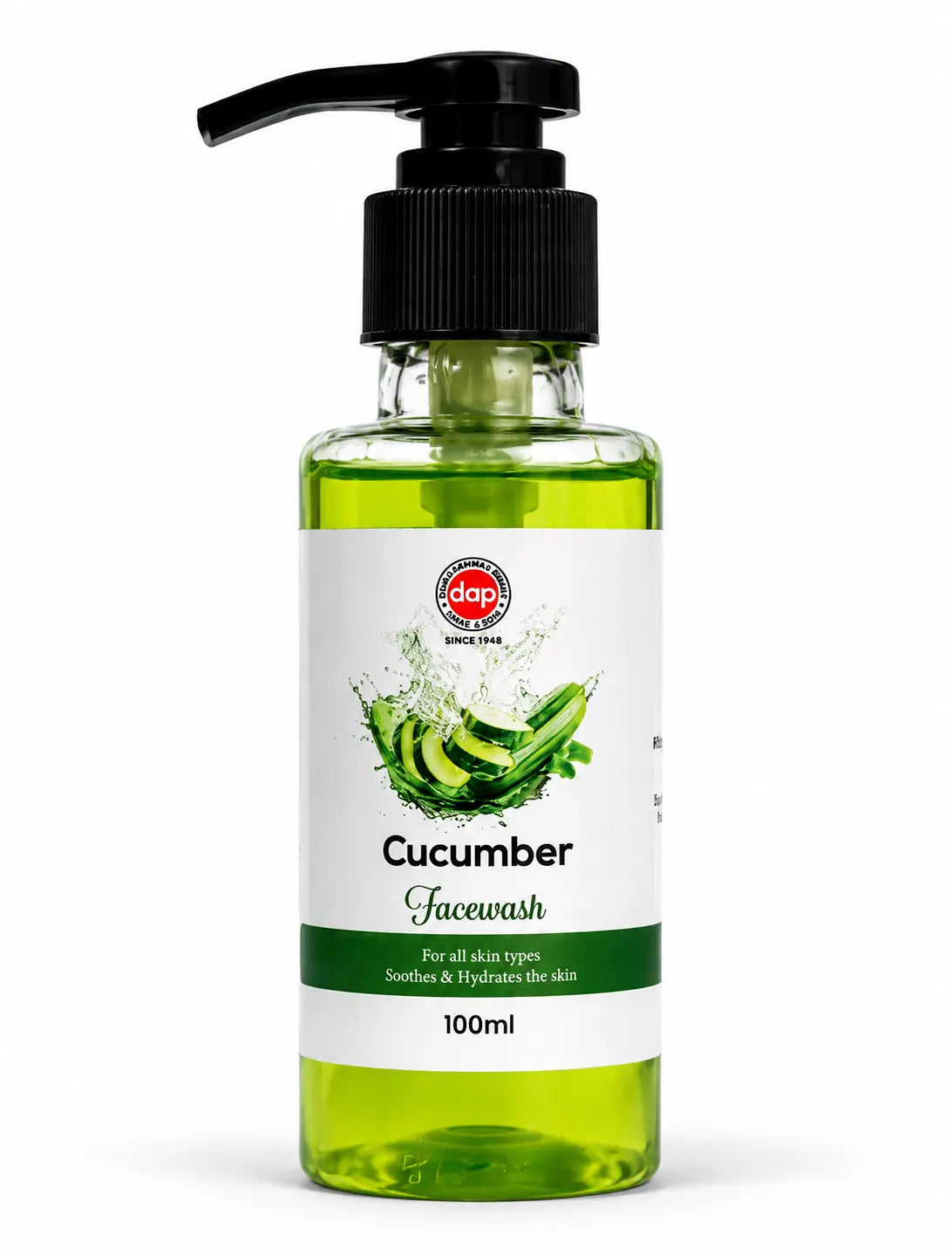 DAP Cucumber Facewash 100ml in a pump bottle with cucumber extract for gentle cleansing, hydration, and soothing all skin types.
