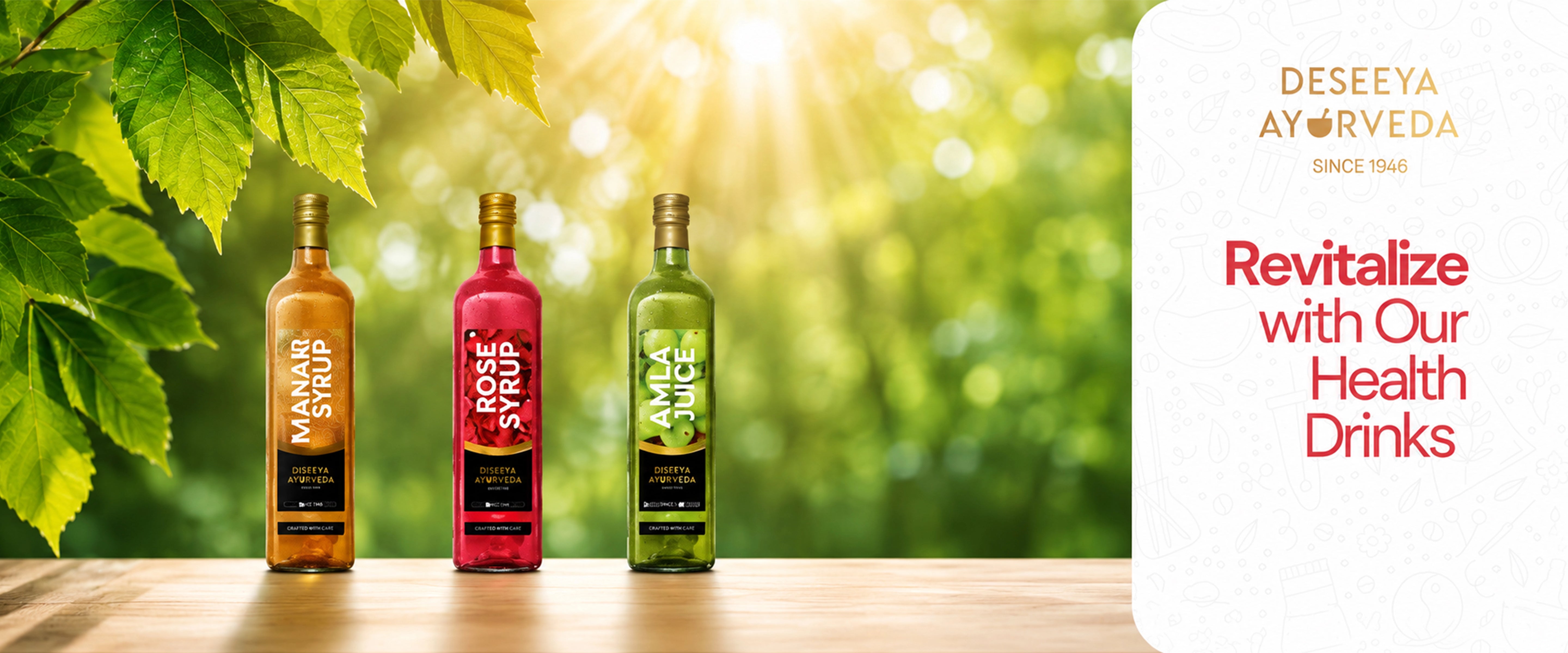 Deseeya Ayurveda homepage banner featuring Manak Syrup, Rose Syrup and Amla Juice natural health drinks.