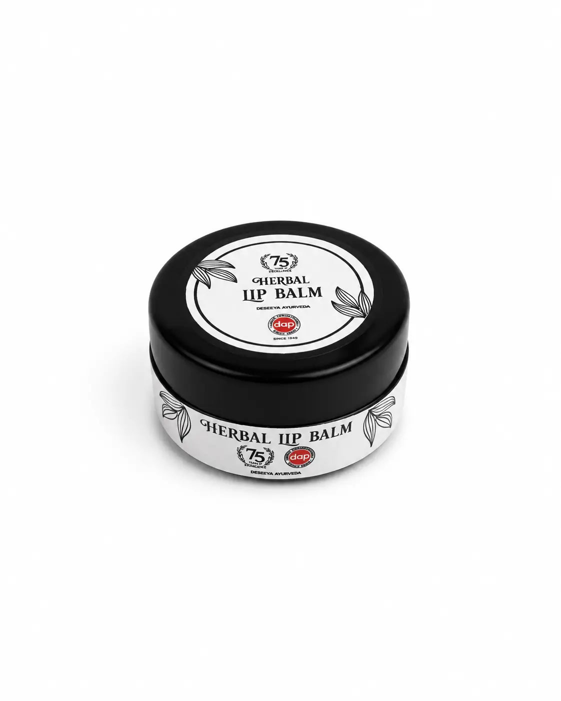 Deseeya Ayurveda Herbal Lip Balm in premium black tin with white label, made with natural Ayurvedic ingredients for moisturizing, nourishing, and protecting dry lips