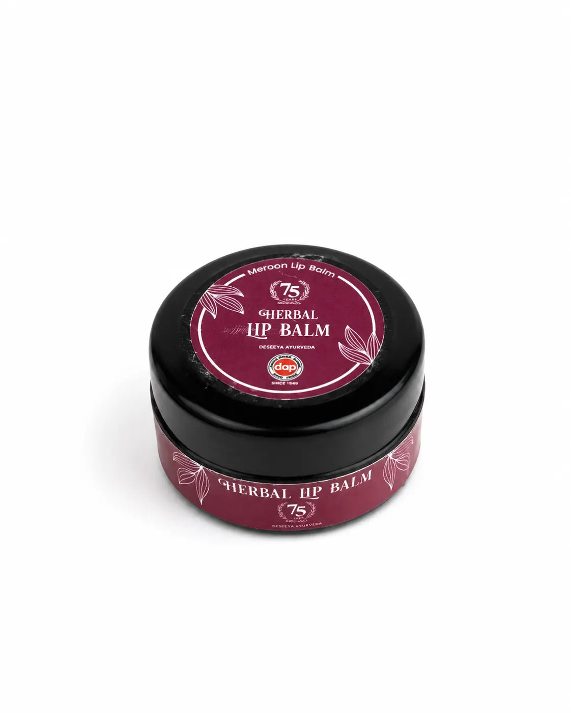 Deseeya Ayurveda Maroon Herbal Lip Balm in premium black tin container with natural Ayurvedic ingredients for moisturizing, nourishing, and protecting dry lips.